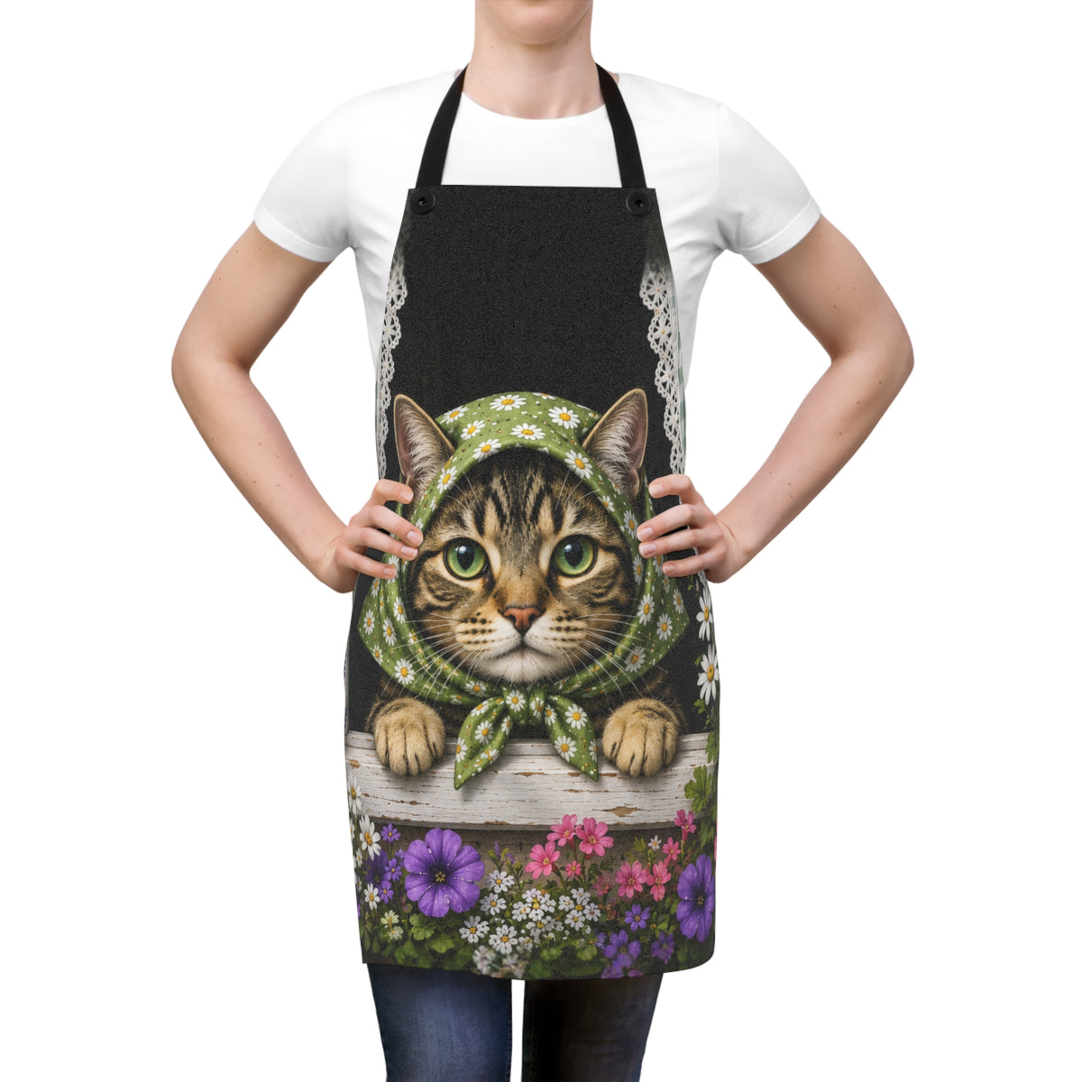 Babushka Cat Window Peeper Cat Lover Apron