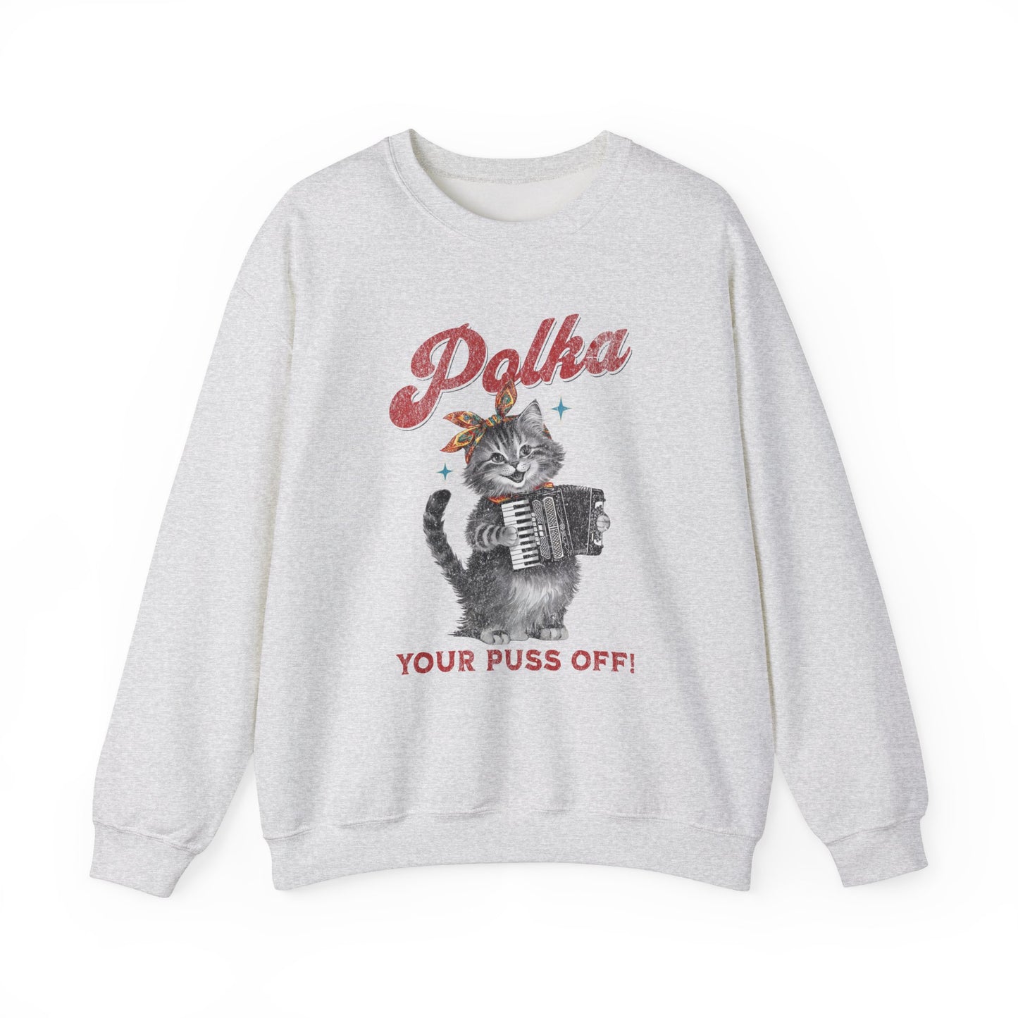 Polka Kitten-Accordion Playing Kitschy Cat Vintage Distressed Crewneck Sweatshirt