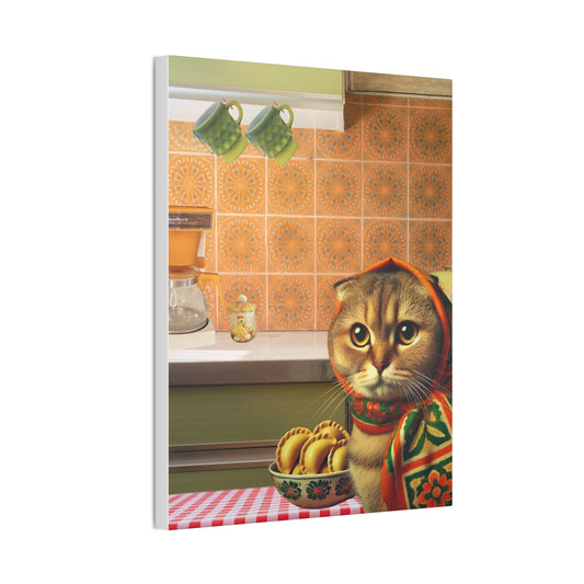 Babushka Cat Visits with Pierogi, Kitschy Wall Art, Polish Gifts, Polish Cat Canvas Art for Polish Cat Lovers