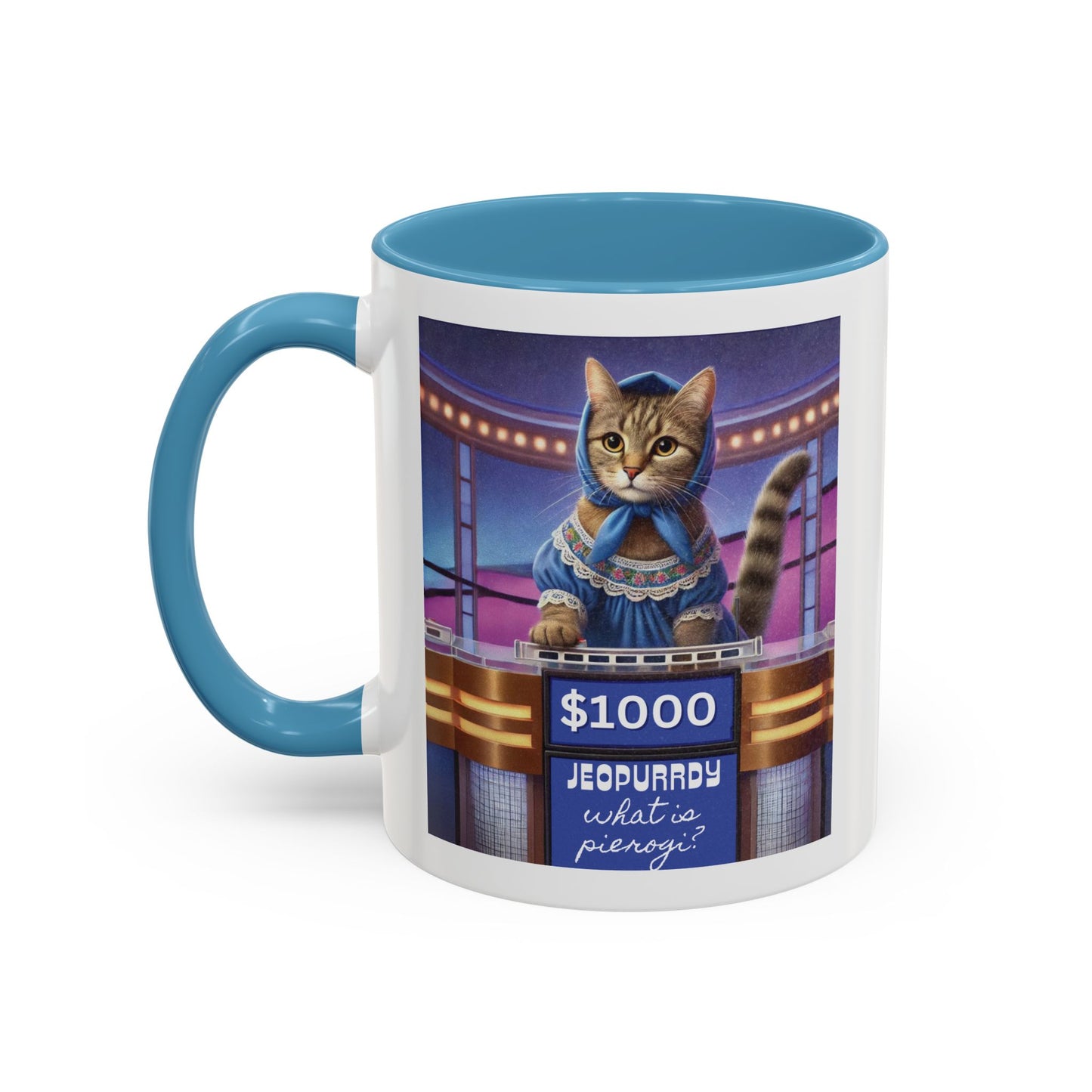 Babushka Cat Does Gameshow, Kitschy Cat Accent Coffee Mug (11 oz)