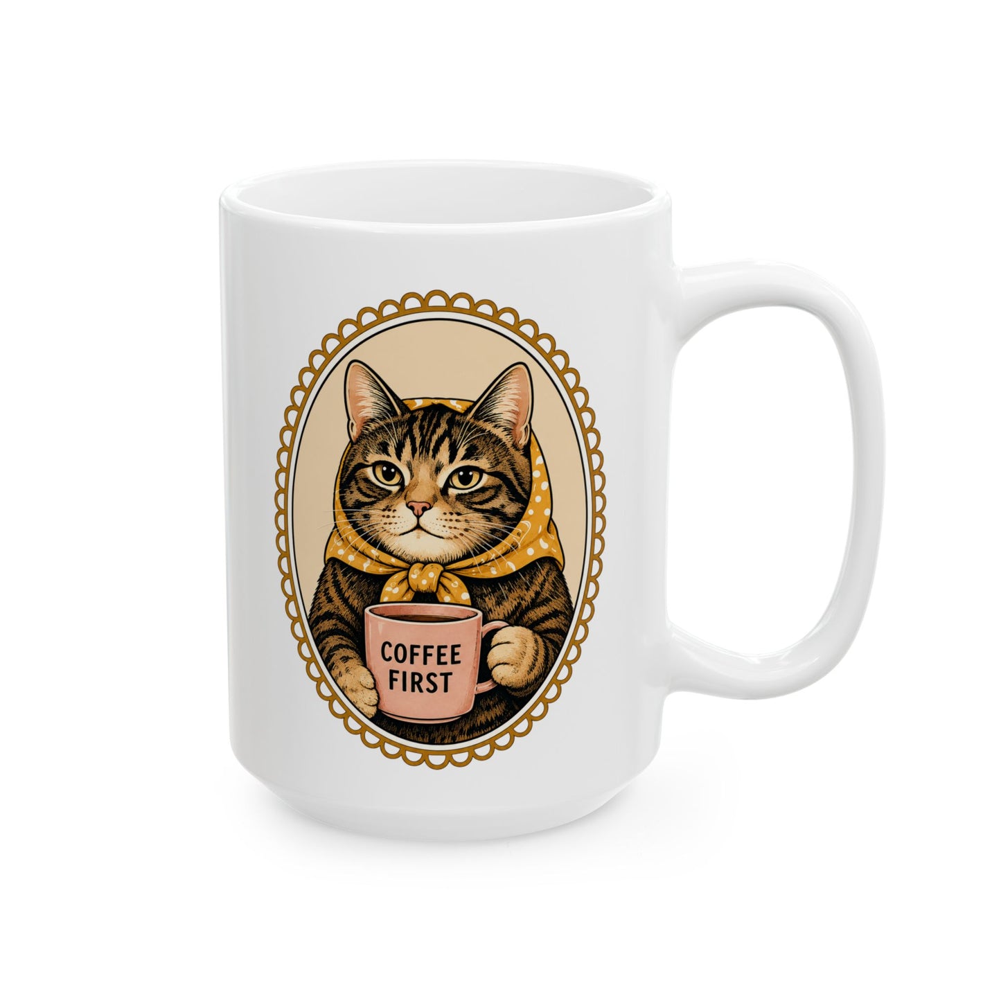 Babushka Cat Coffee First Cameo Mug 11 oz or 15 oz