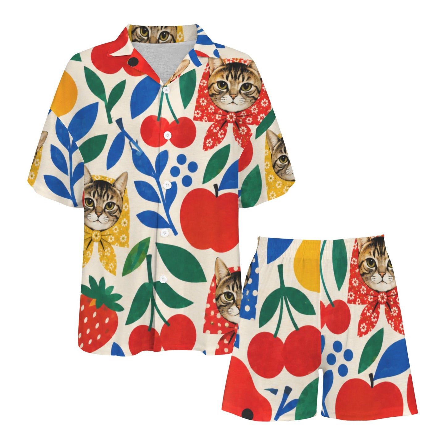 Babushka Cat Women’s Two-Piece Fruity Face Pajama Set