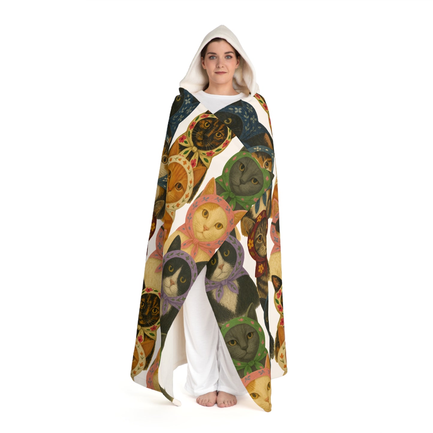 Babushka Cat Varieties Hooded Sherpa Fleece Blanket