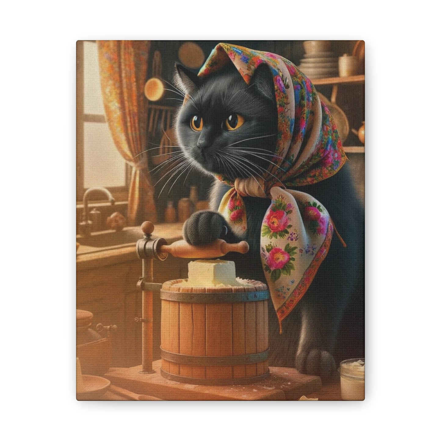 Babushka Cat Churns Butter (Black Cat Version)