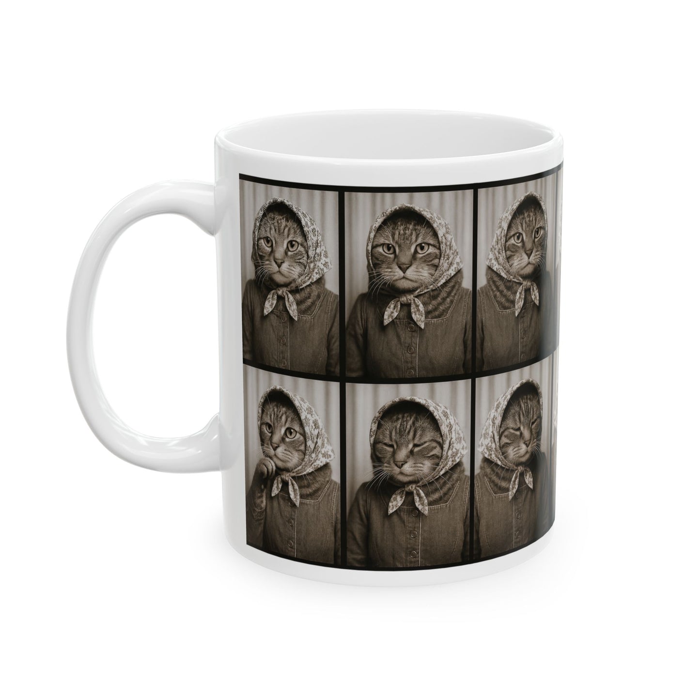 Babushka Cat Photo Booth Cat Humor Ceramic Mug