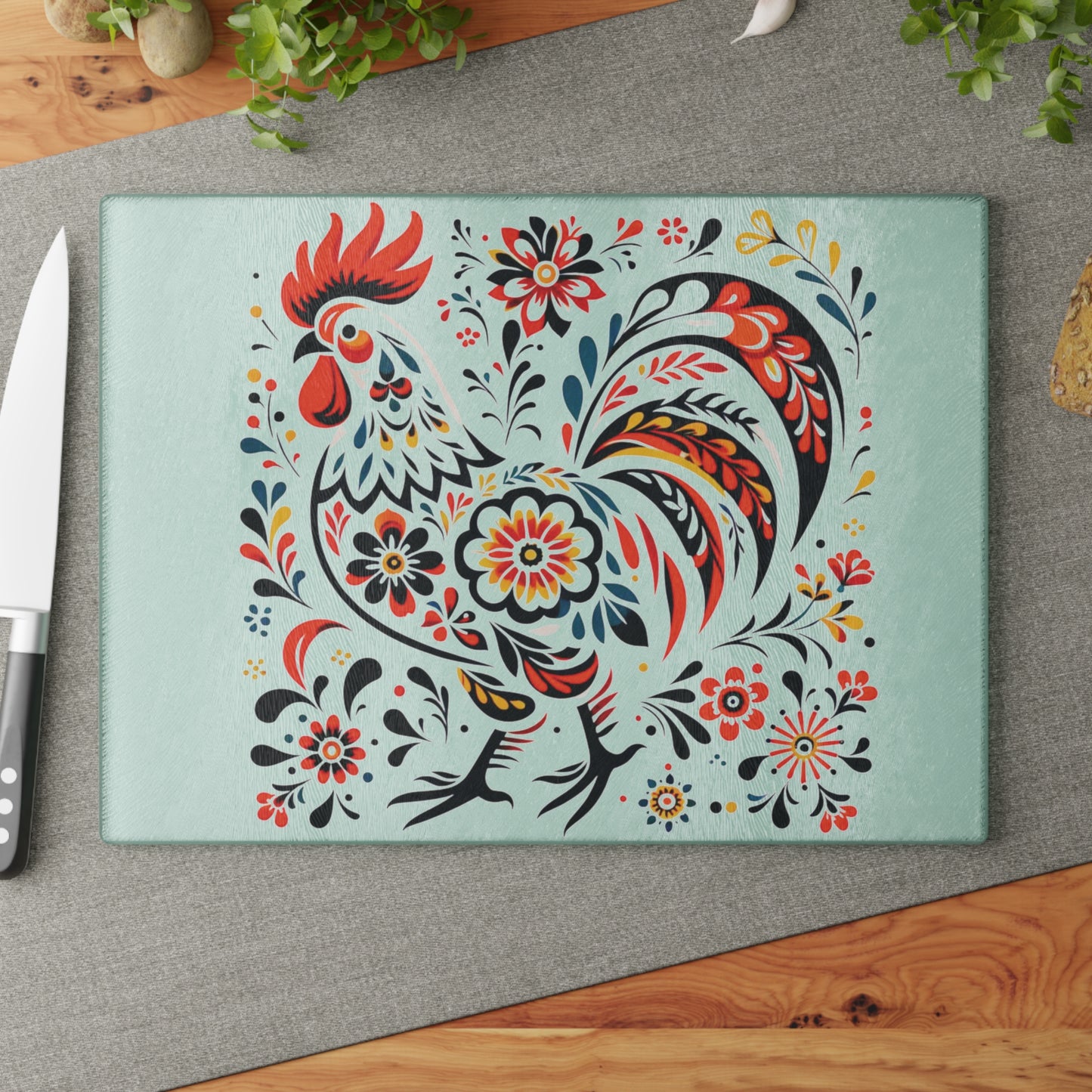 Polish Folk Art Wycinanki  Rooster Glass Glass Cutting Board; Two Sizes Available