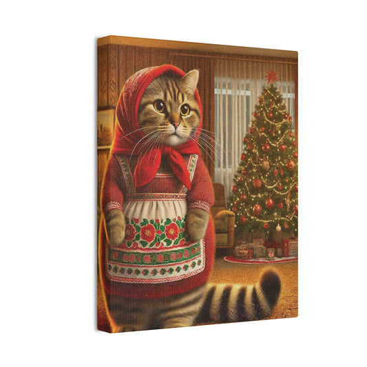 Babushka Cat Christmas 70's Art,  Babushka Cat Kitschy Cat Wall Art,  Canvas Wall Art, Nostalgic 70's Art