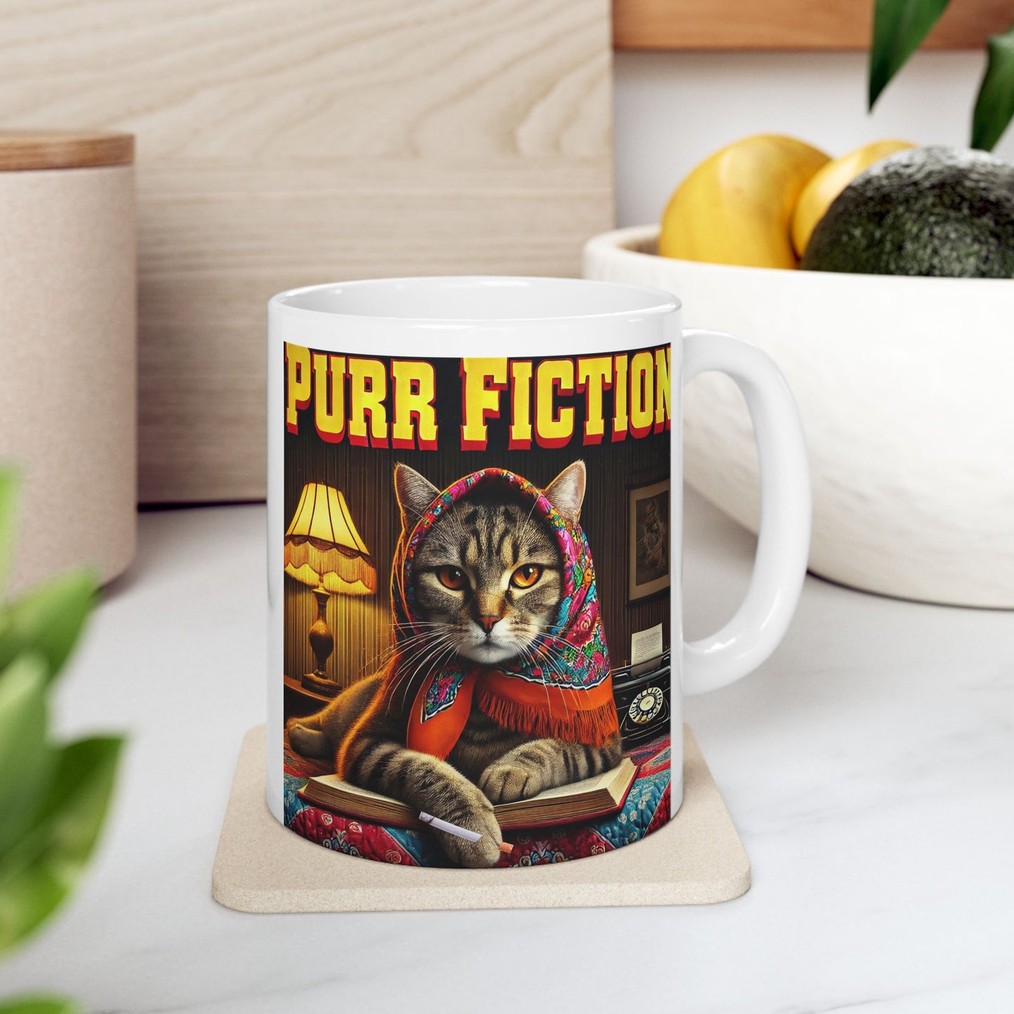 Babushka Cat Movie Parody-Purr Fiction Funny Kitschy Ceramic Mug