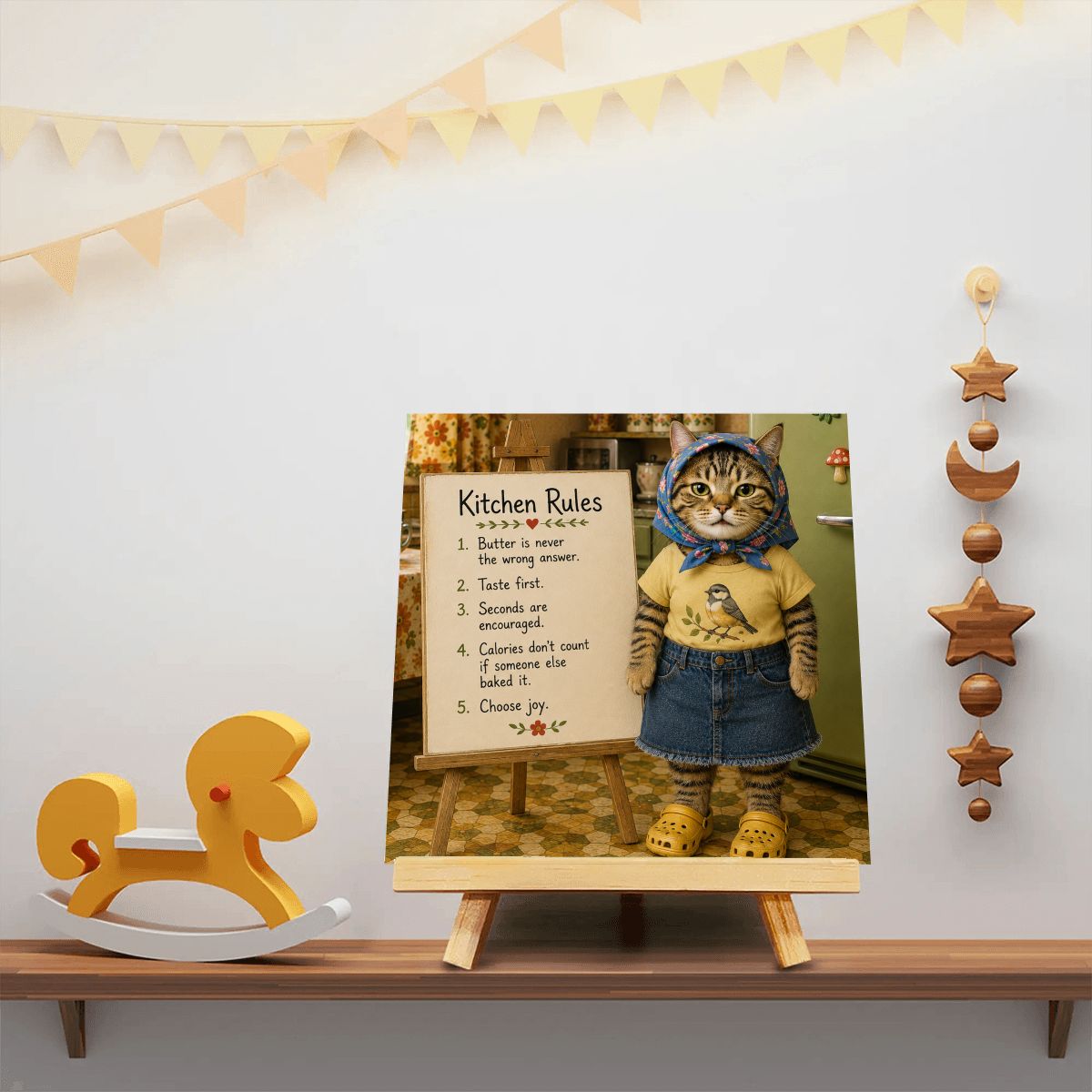 Babushka Cat Kitchen Rules Mini Easel Art