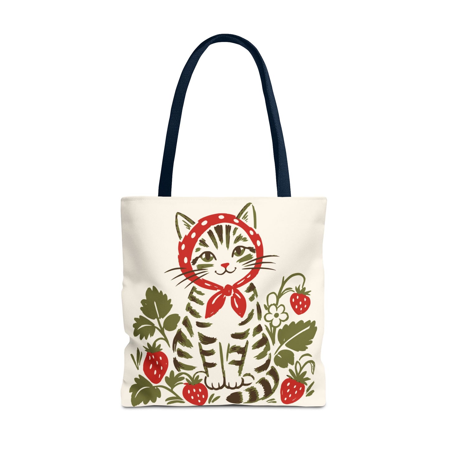 Babushka Cat Strawberry Patch Tabby Cat Tote Bag (AOP)