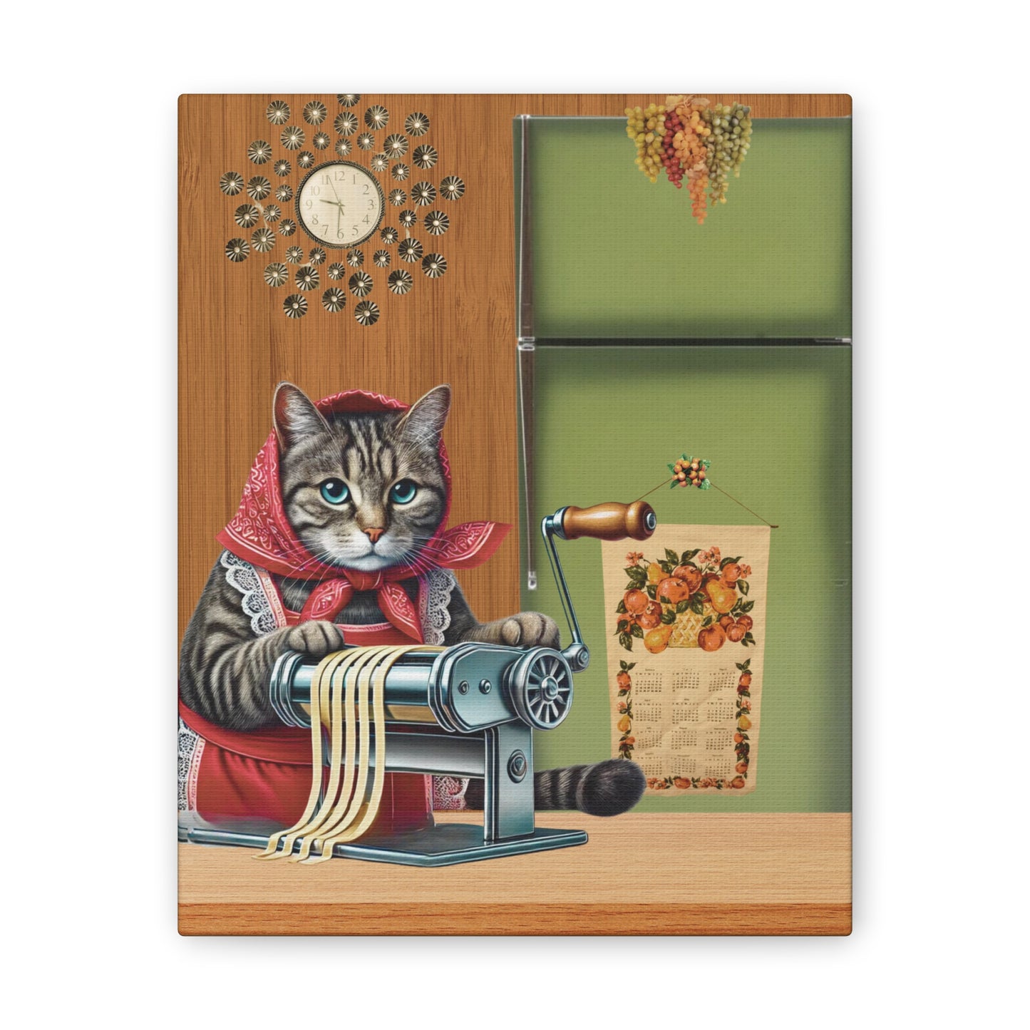 Babushka Nonna Makes Pasta, Babushka Kitty Kitschy Cat Art, Italian Nostalgia