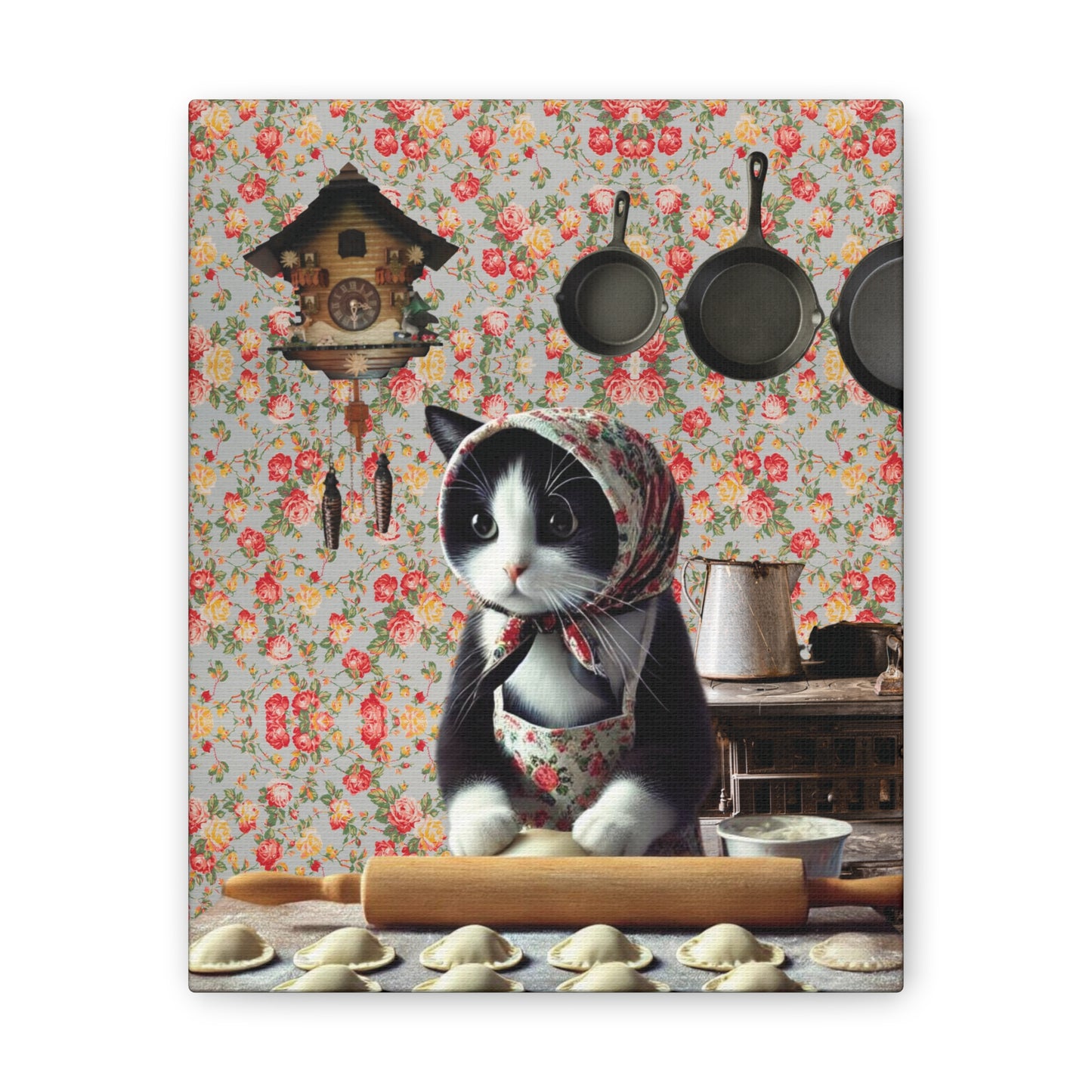 Babushka Cat, Tuxedo Cat Art, Kitty Makes Pierogi,  Kitschy Cat Kitchen Wall Art,  Canvas Wall Art, Nostalgic Polish Art