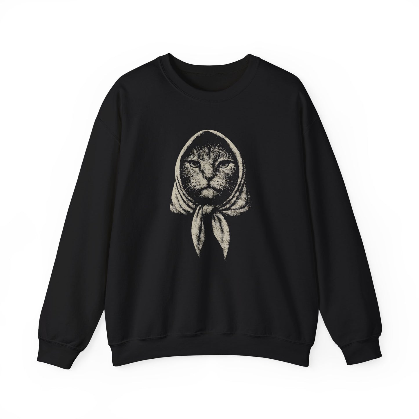 Babushka Cat Artsy Etched Linocut Crewneck Sweatshirt