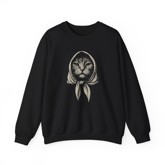 Babushka Cat Artsy Etched Linocut Crewneck Sweatshirt