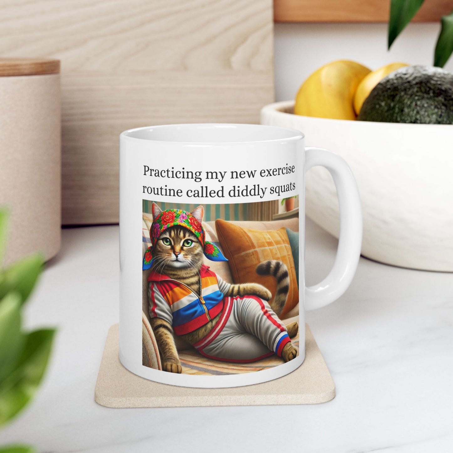 Babushka Cat Exercises, Funny Kitschy Ceramic Mug