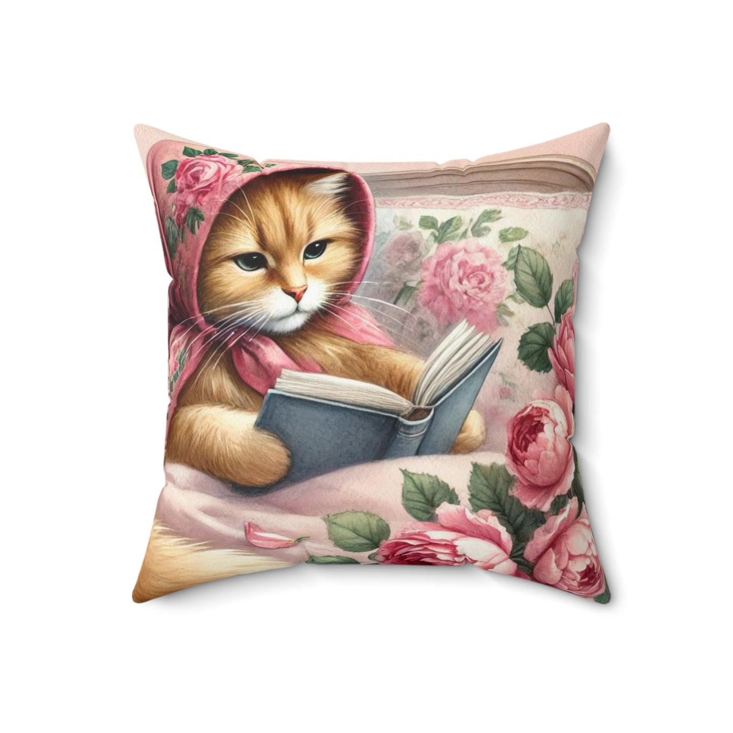 Babushka Cat Pink Reading in Bed Spun Polyester Square Pillow