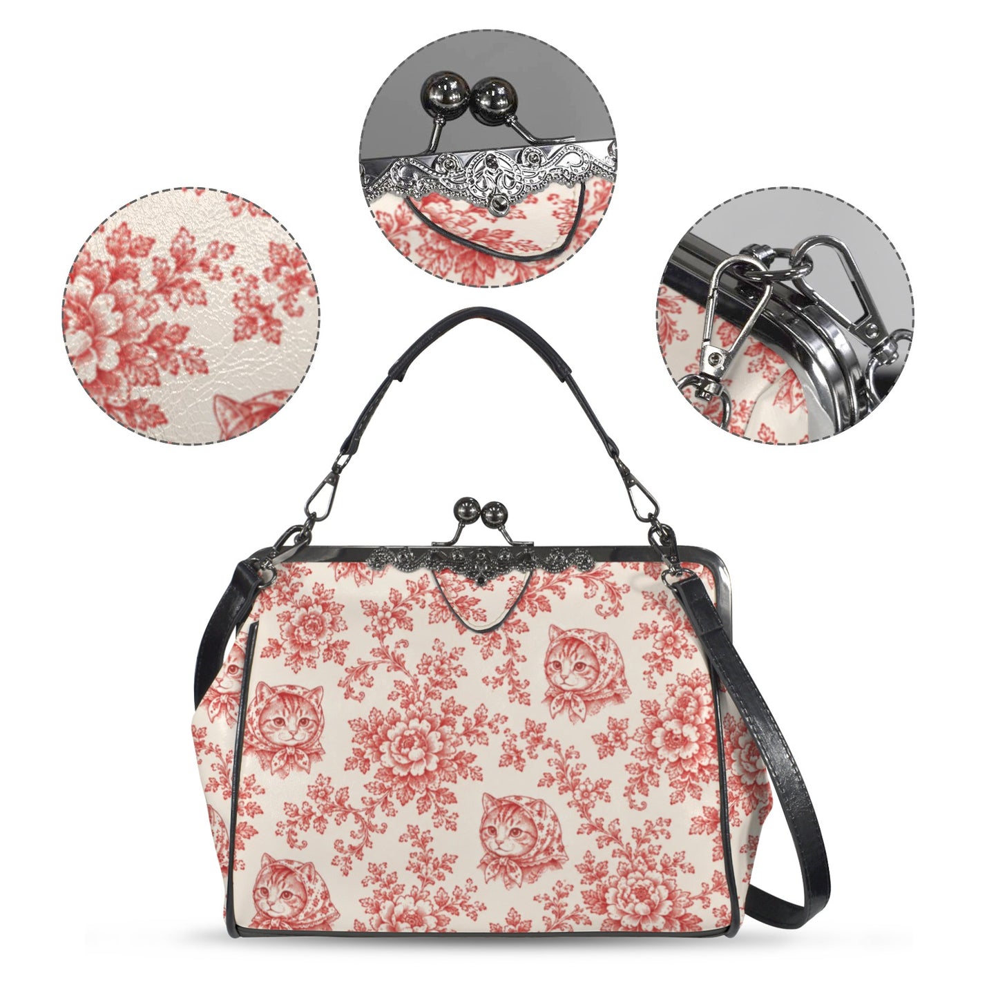 Babushka Cats Red Royal Toile Vintage Kisslock Style Handbag