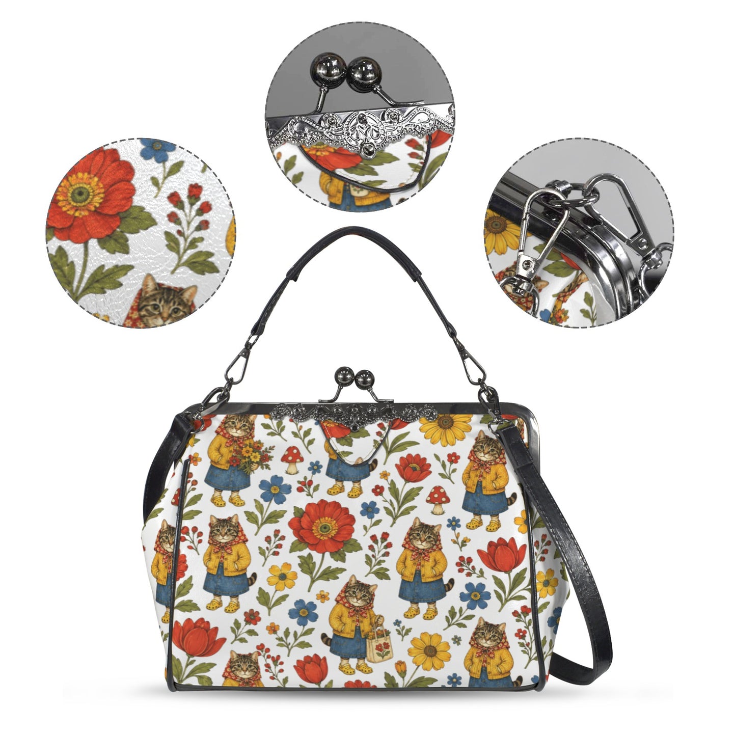 Babushka Cat Cardigans and Clogs Vintage Style Kisslock Purse