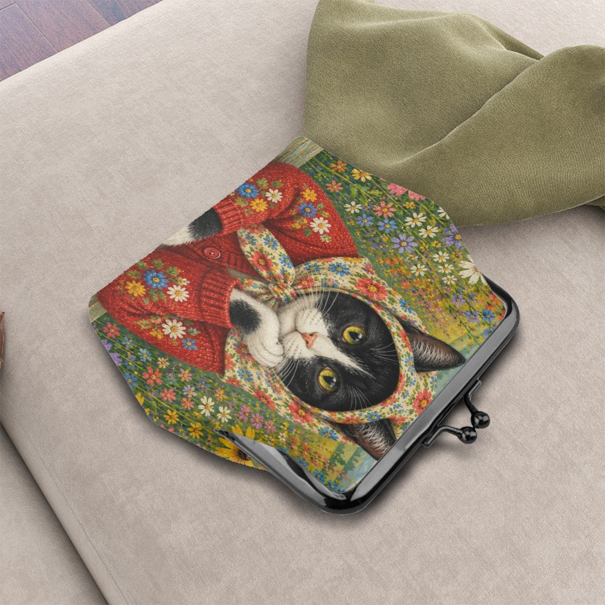 Babushka Cat Tuxedo Cat Floral Fun Times Kiss Lock Coin Purse
