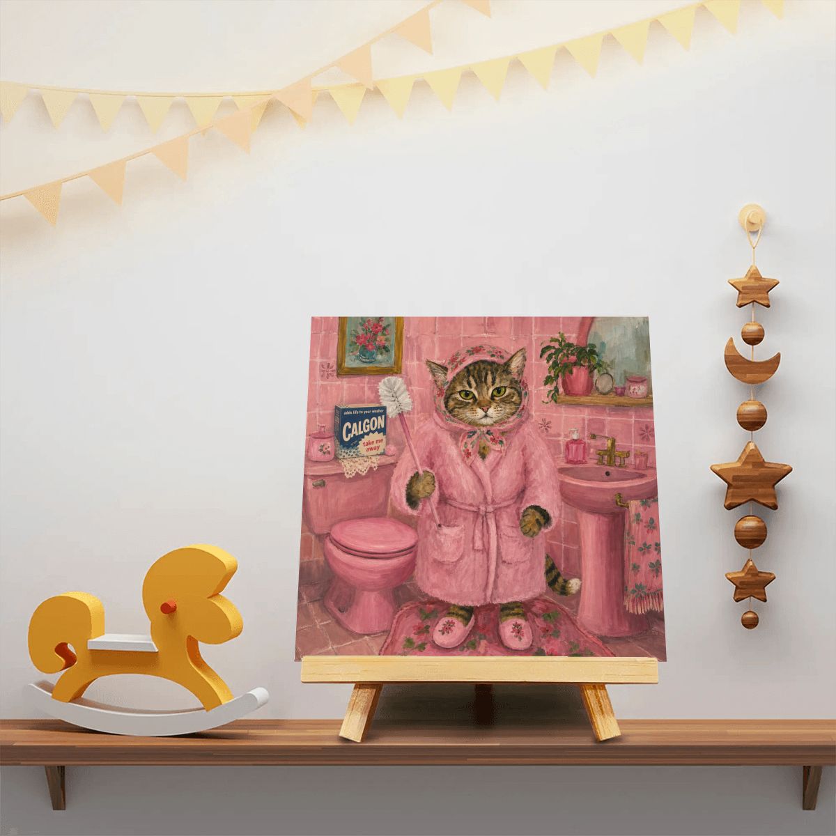 Babushka Cat Pretty in Pink Bathroom Mini Easel Art