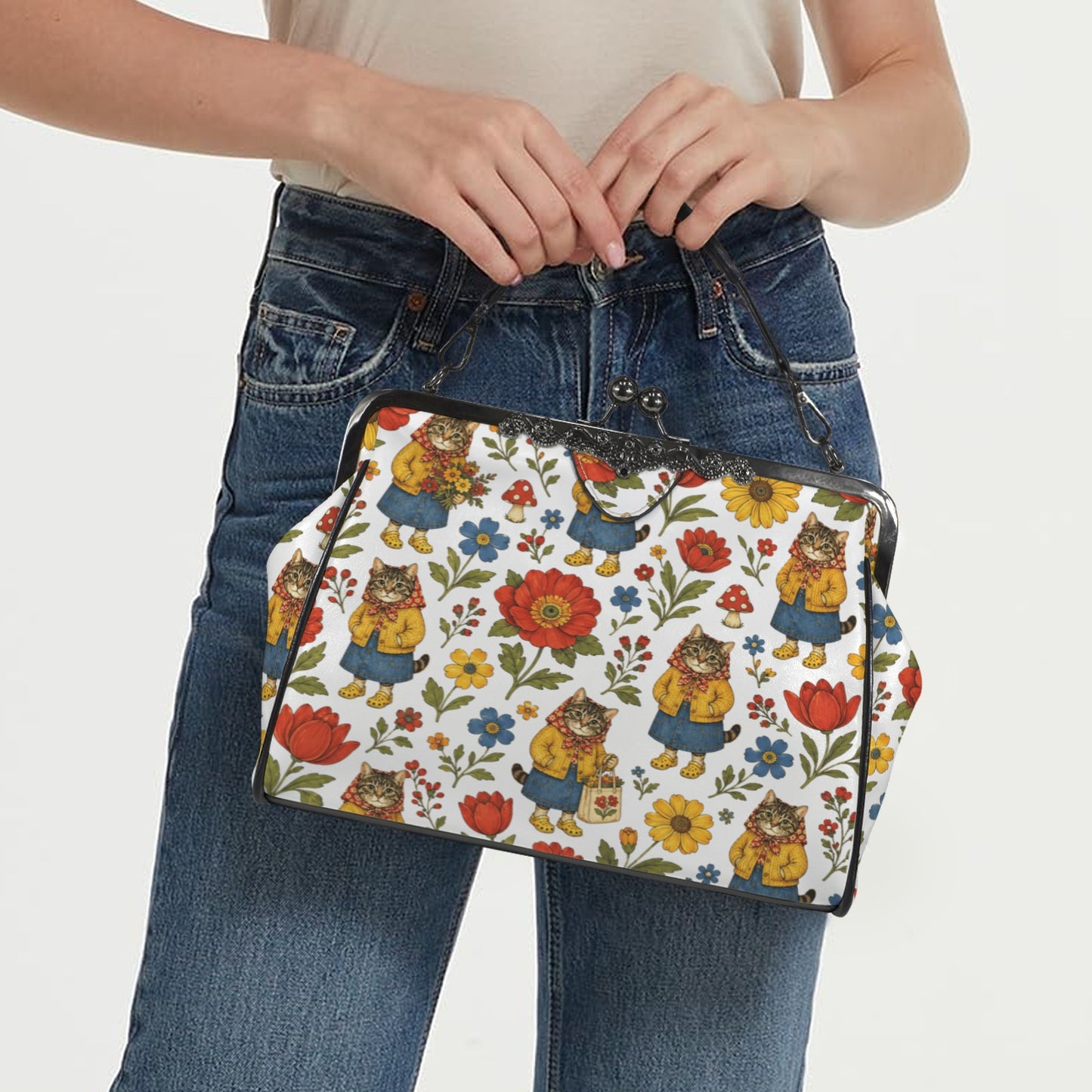 Babushka Cat Cardigans and Clogs Vintage Style Kisslock Purse