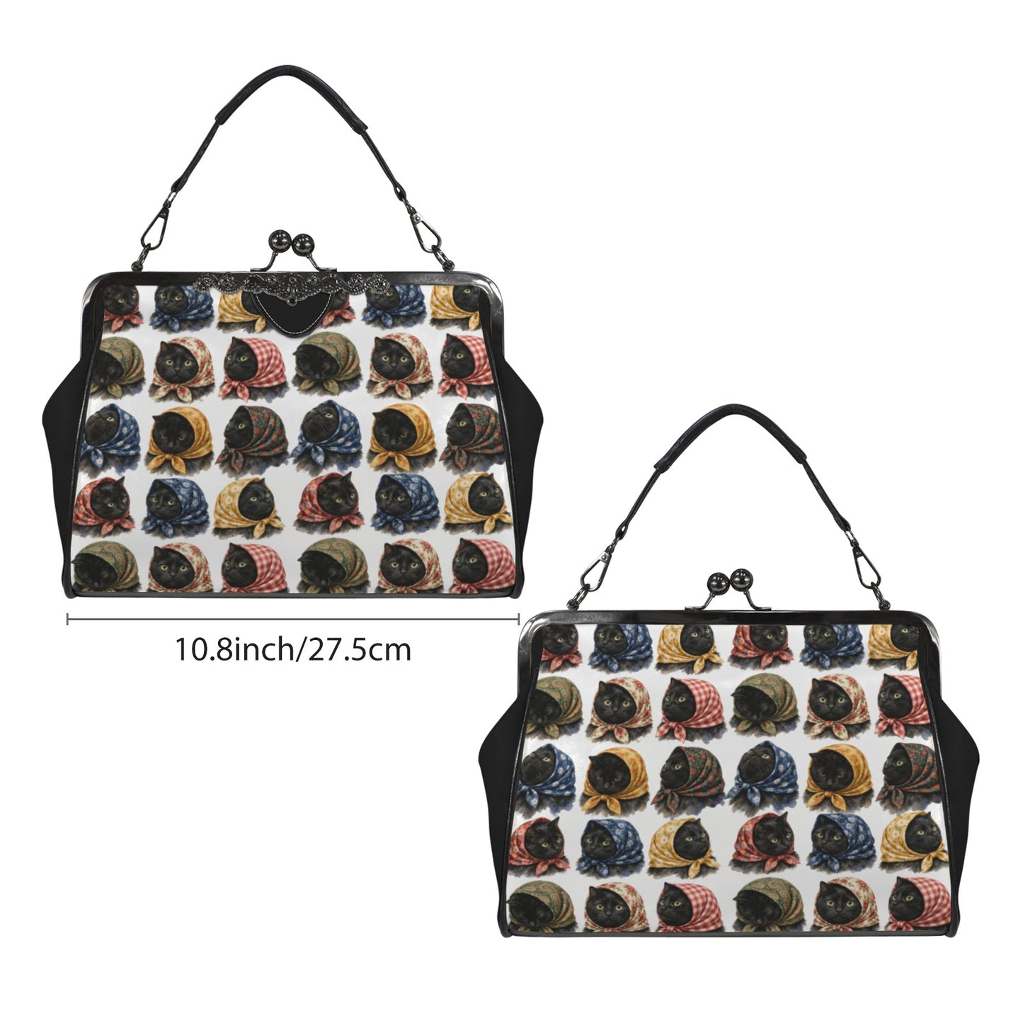 Babushka Cat Lucky Black Cat Heads Whimsical Vintage Style Kiss Lock Purse