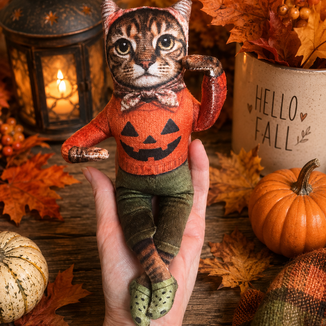 Babushka Cat Halloween Poseable Shaped Posie Doll