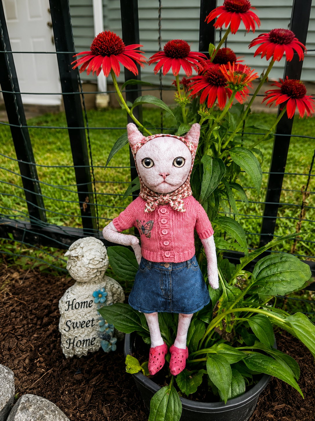 Babushka Cat White Posie Doll
