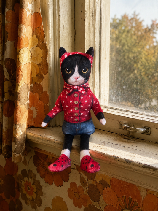 Babushka Tuxedo Black and White Cat Bendy Doll