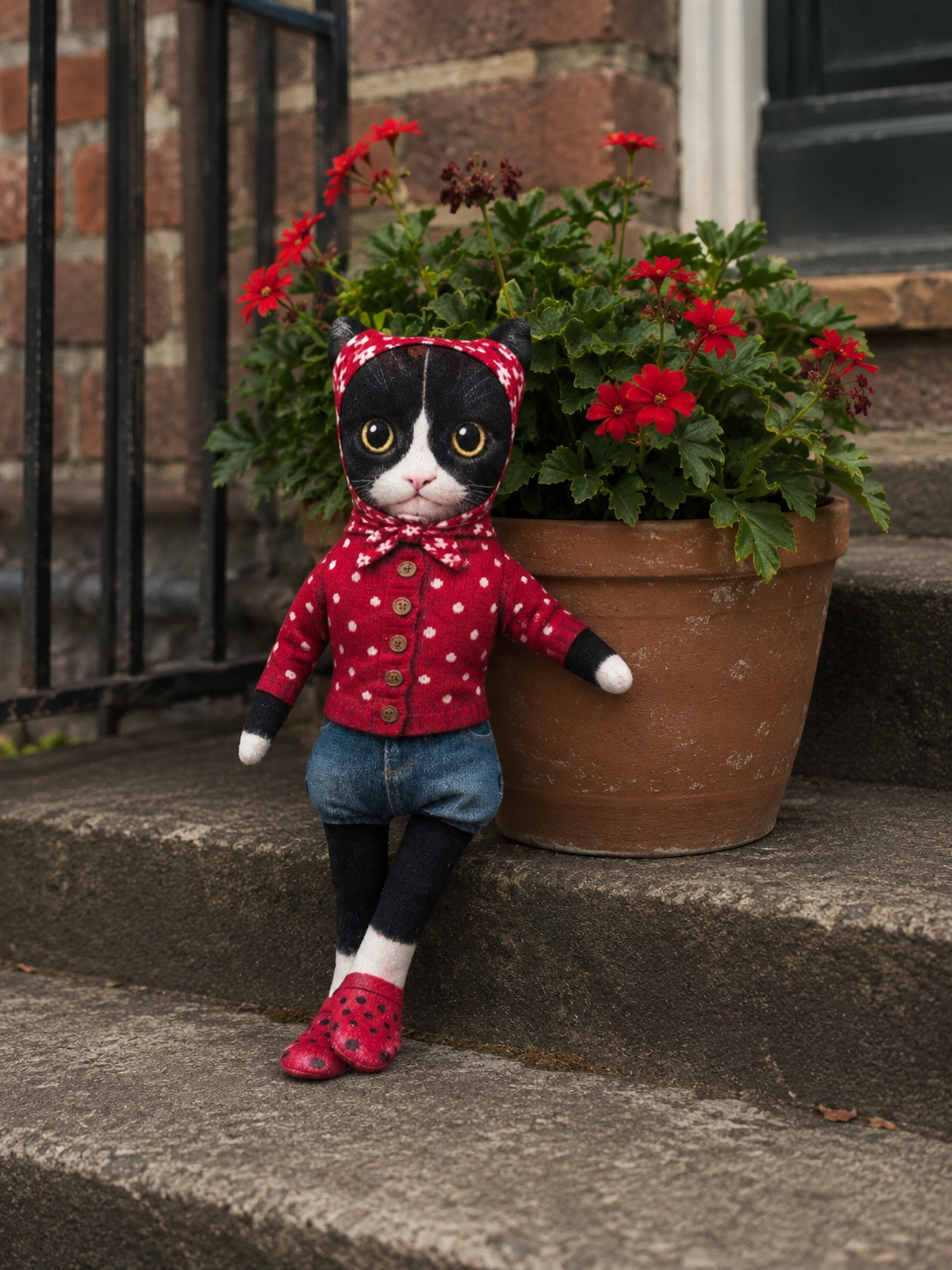 Babushka Tuxedo Black and White Cat Bendy Doll
