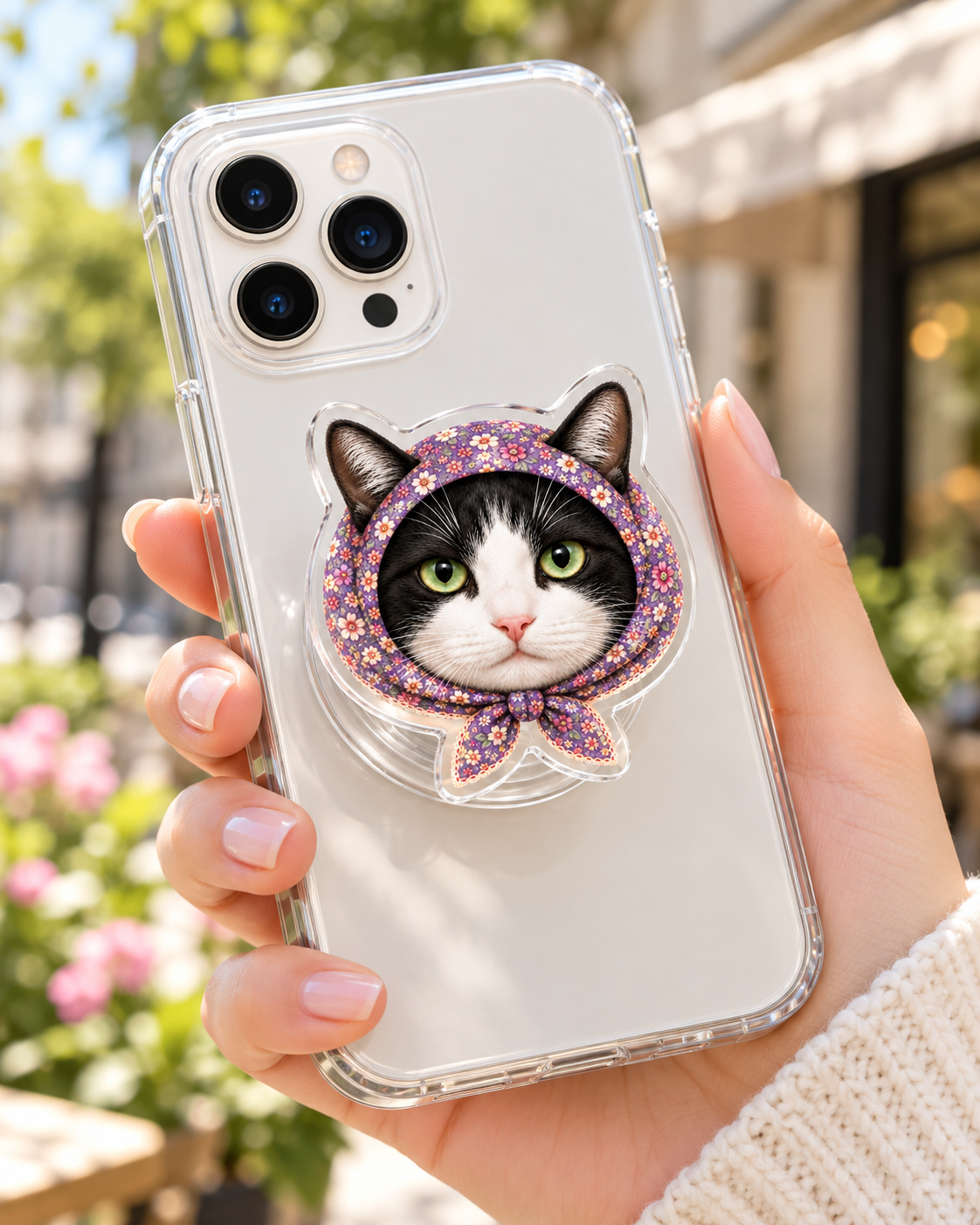 Babushka Tuxedo Cat Phone Grip Shaped Acrylic Phone Grip