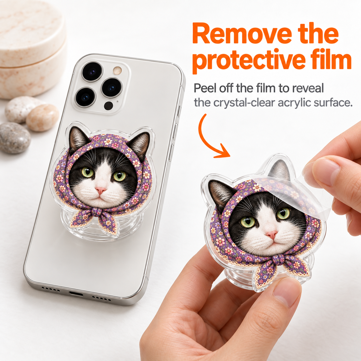 Babushka Tuxedo Cat Phone Grip Shaped Acrylic Phone Grip