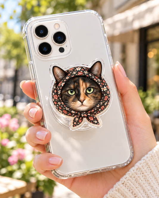 Babushka Tortie Cat Acrylic Phone Grip