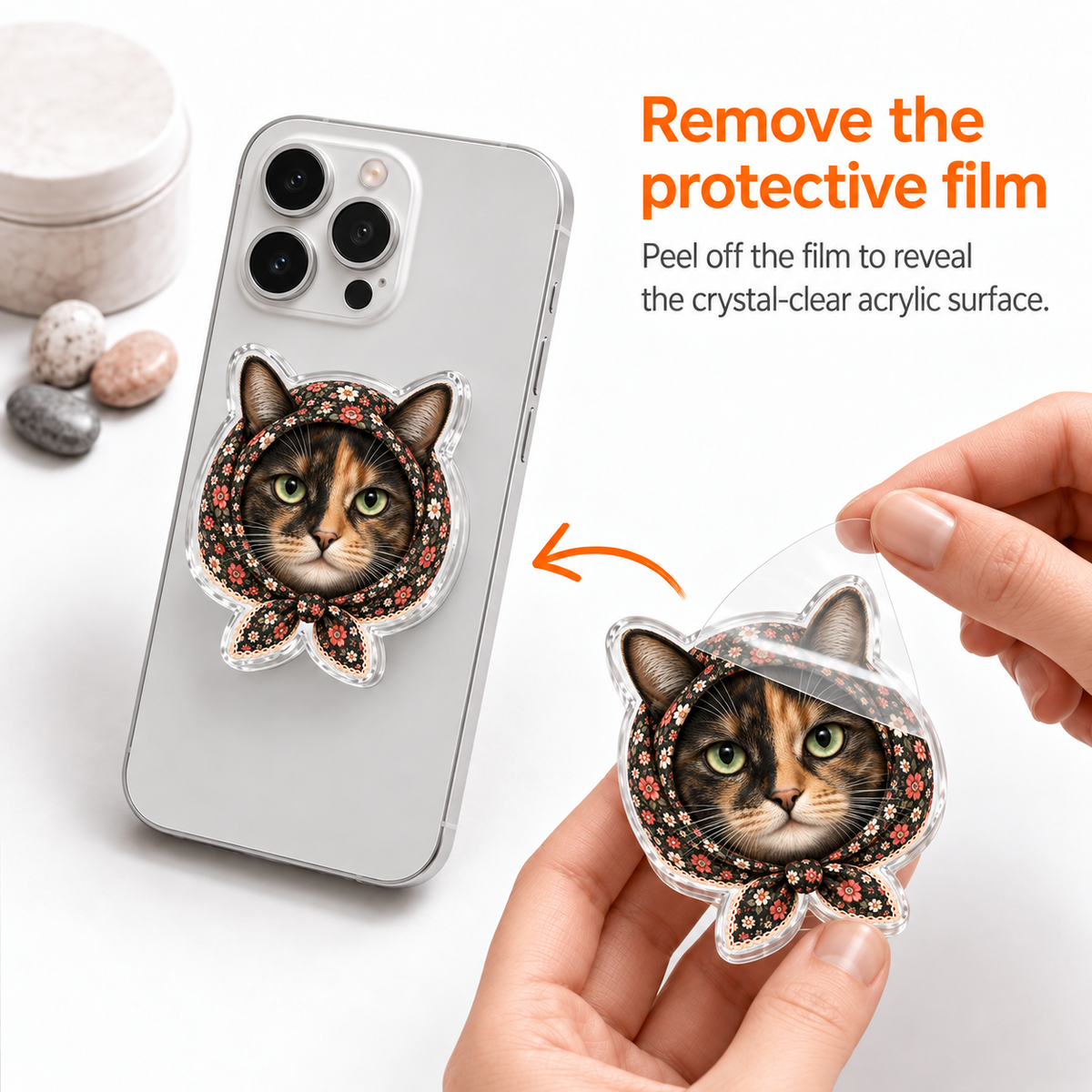 Babushka Tortie Cat Acrylic Phone Grip