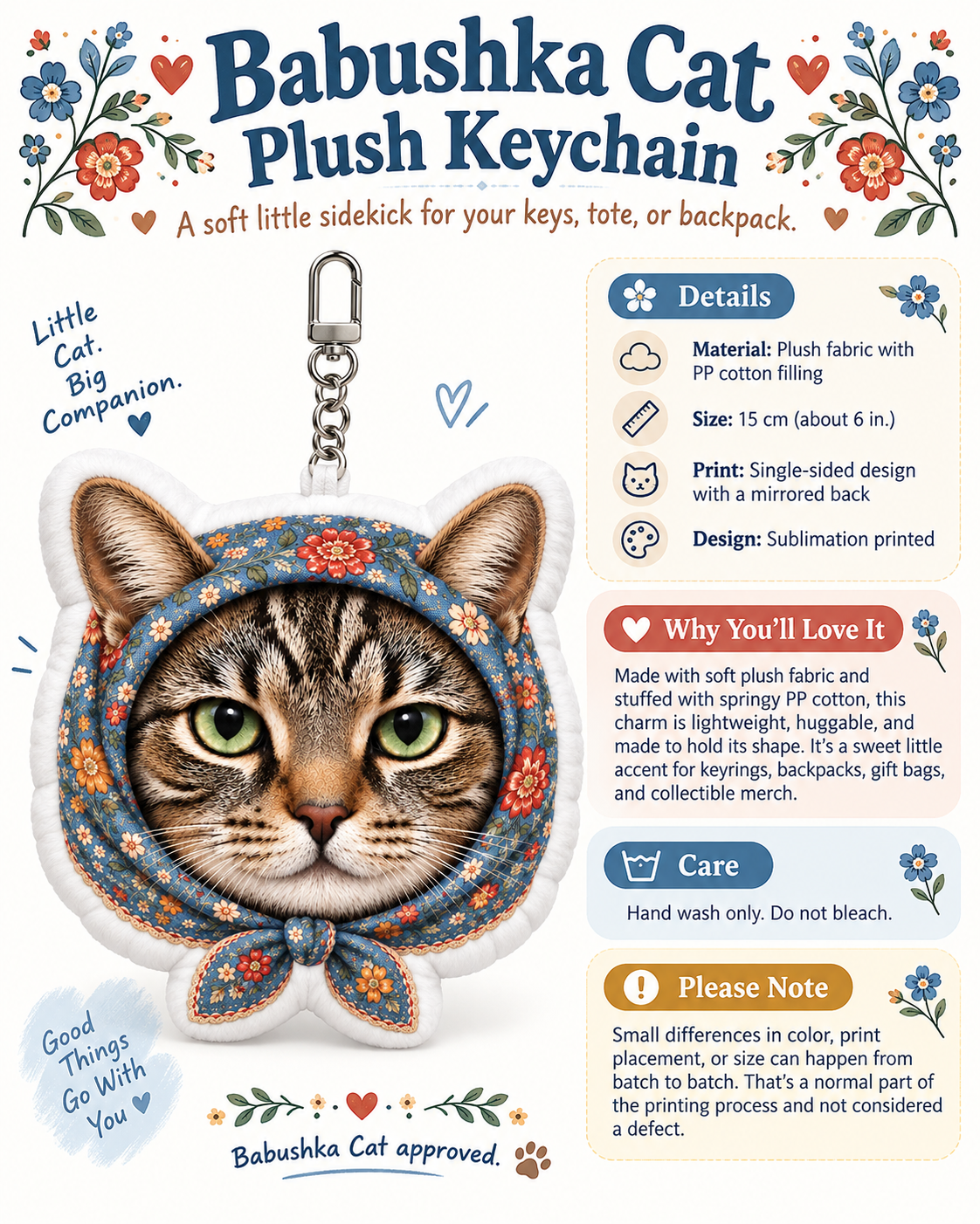 Babushka Cat Head Shaped Plush Keychain, Accessory, Charm