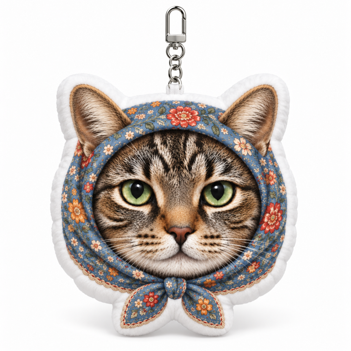Babushka Cat Head Shaped Plush Keychain, Accessory, Charm
