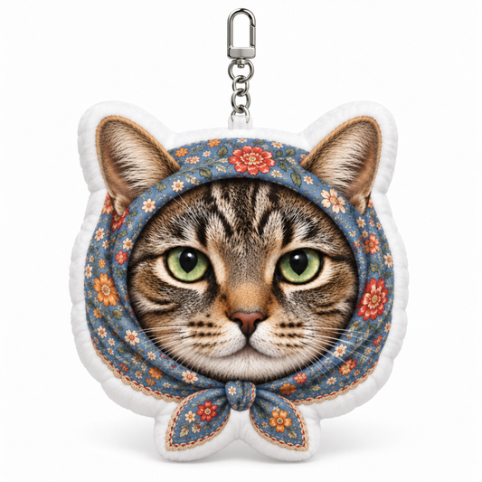 Babushka Cat Head Shaped Plush Keychain, Accessory, Charm