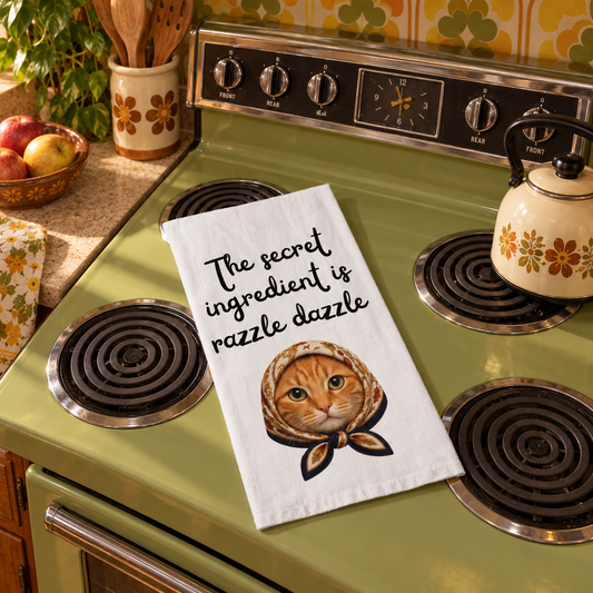 Babushka Cat Orange Tabby Cat Tea Towel