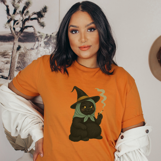 Babushka Black Witch Cat Unisex Tee, Halloween Apparel, Gift for Cat Lovers, Witchy Cat T-Shirt