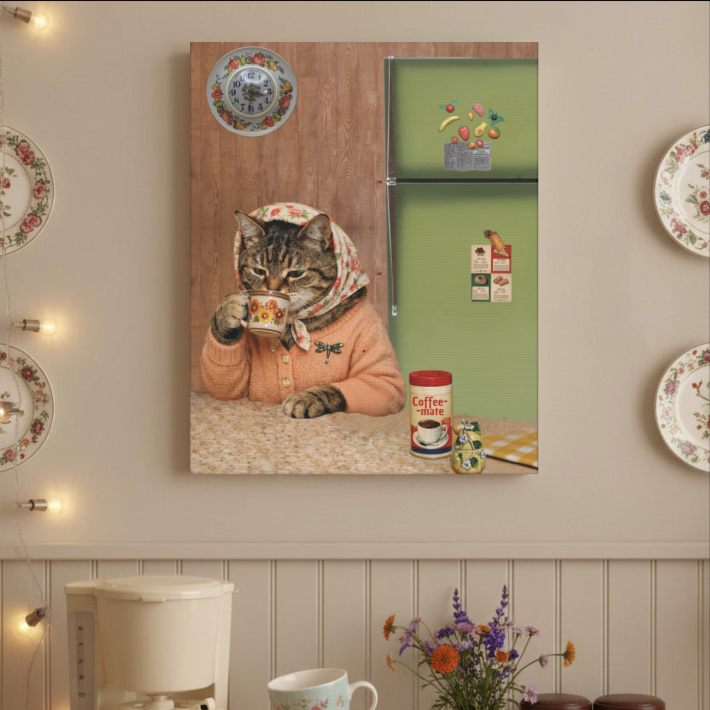 Babushka Cat Enjoys Coffee Canvas Wall Art