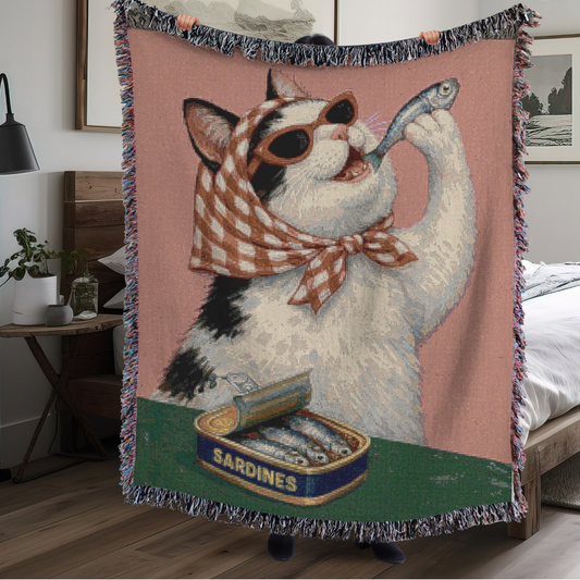 Babuska Cat Loves Sardines  Woven Blanket, Cat Lover Gift