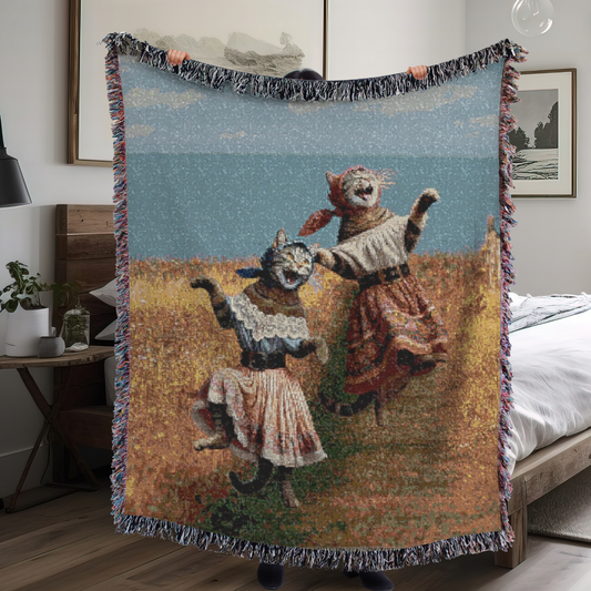 Woven Blanket - Babushka Cats Dancing Field Kitschy Design