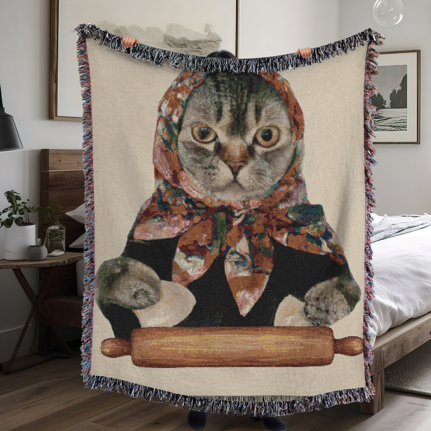 Polish Throw Blanket-Babuska Cat Making Pierogi Woven Blanket, Polish Lover Gift