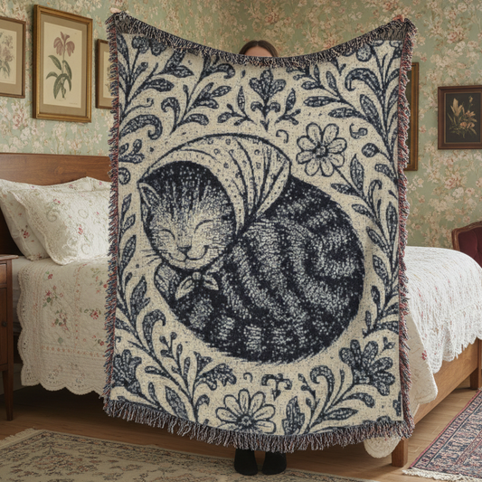 Babushka Cat Etched Linocut Style Art Woven Blanket