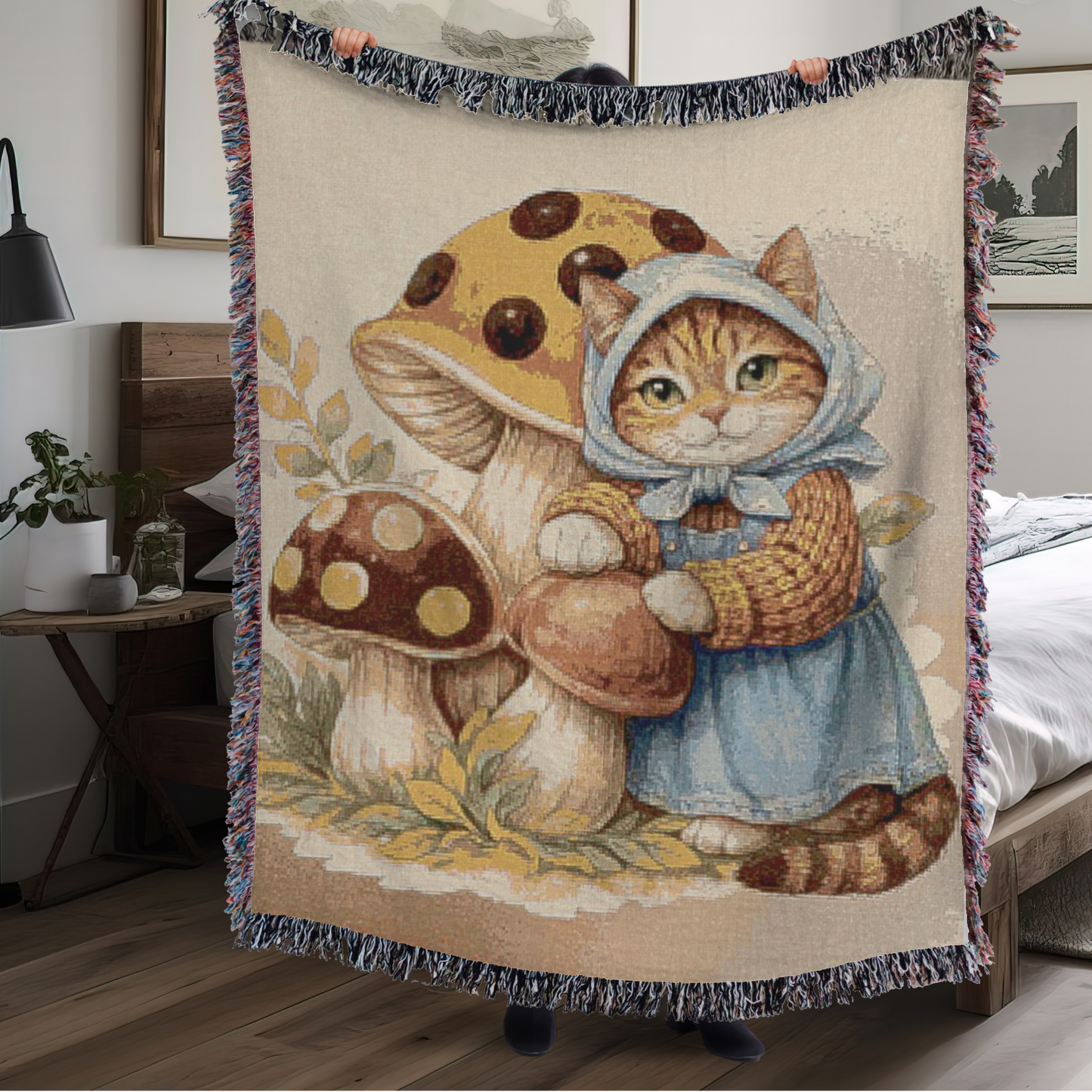 Babushka Cat Merry Mushroom Style Art Woven Blanket
