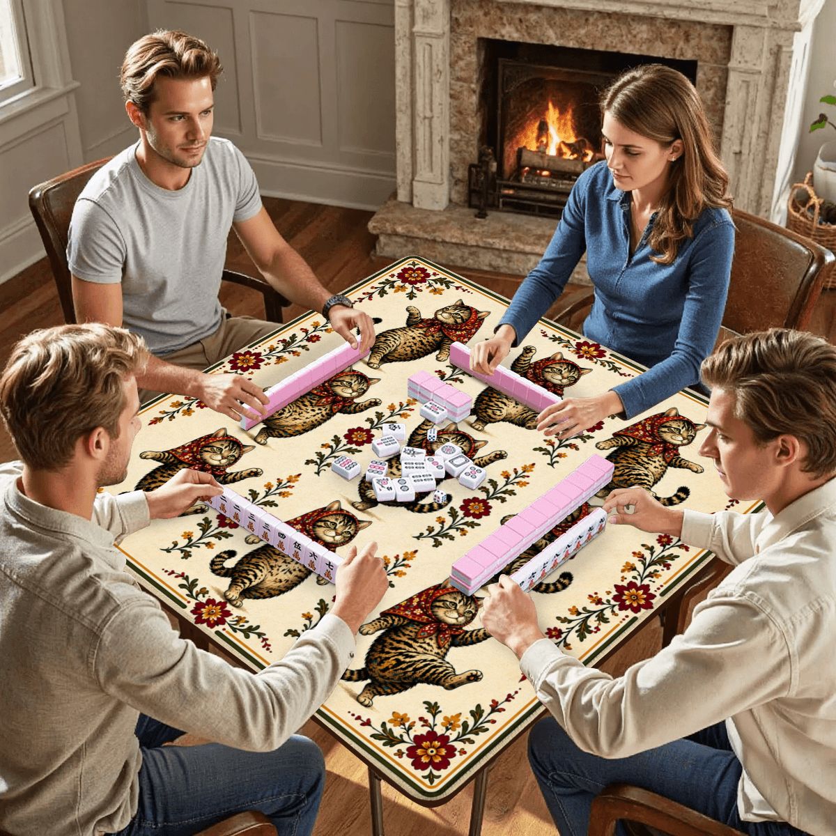Babushka Cat, Tabby Cats Mahjong Mat 33"x33" (Ship Rolled up)