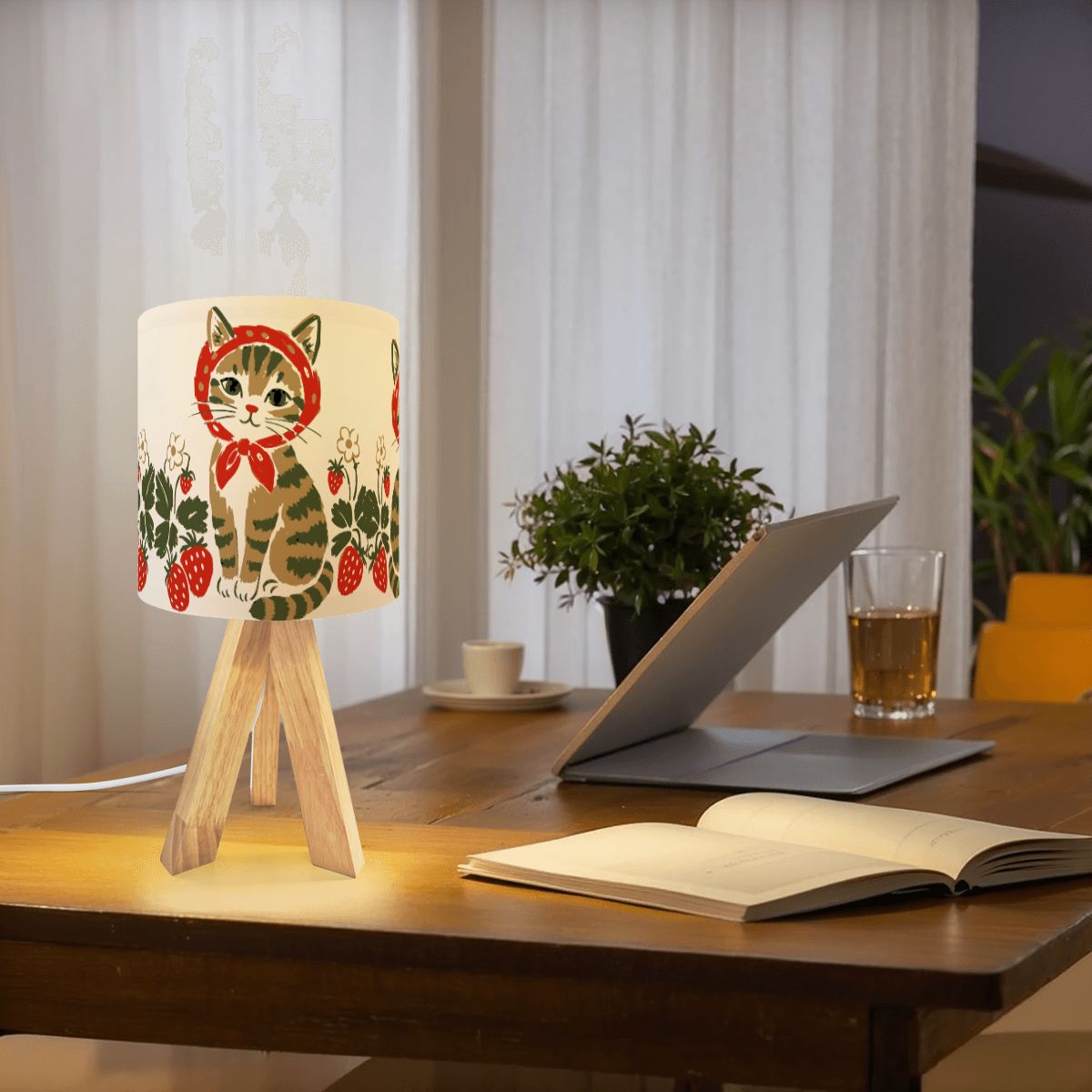 Babushka Cat Strawberry Cottagecore Tripod Table Lamp