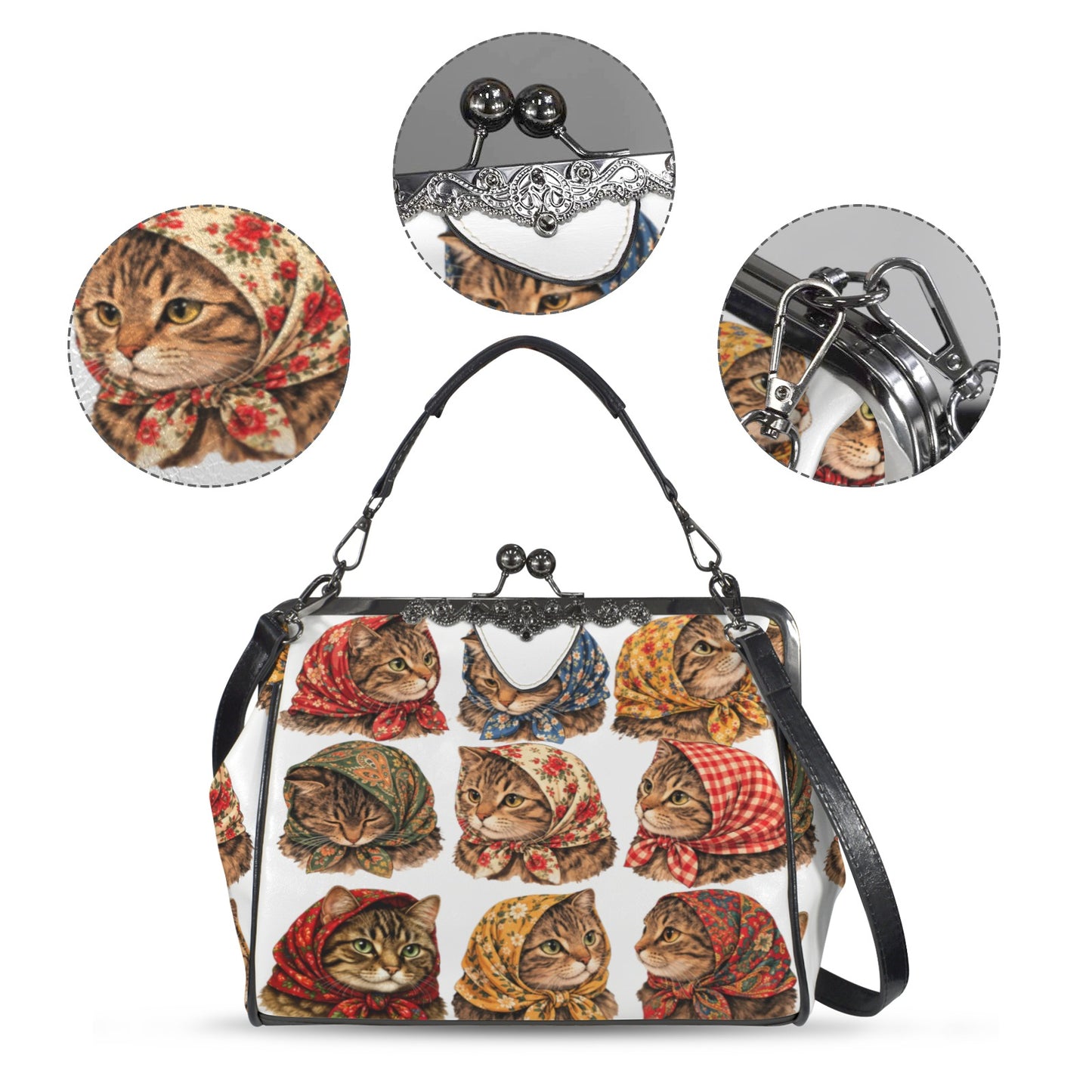 Babushka Cats Cottage Heads Design Kisslock Vintage Style Purse