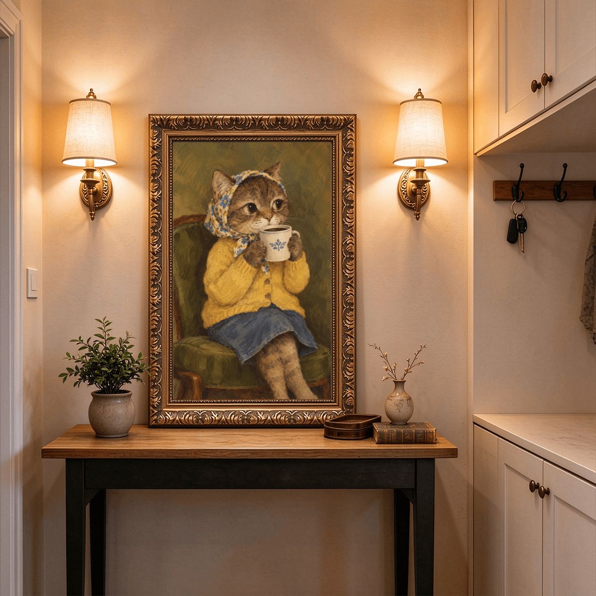 Babushka Cat Vintage Gold Frame Canvas, Sipping Coffee
