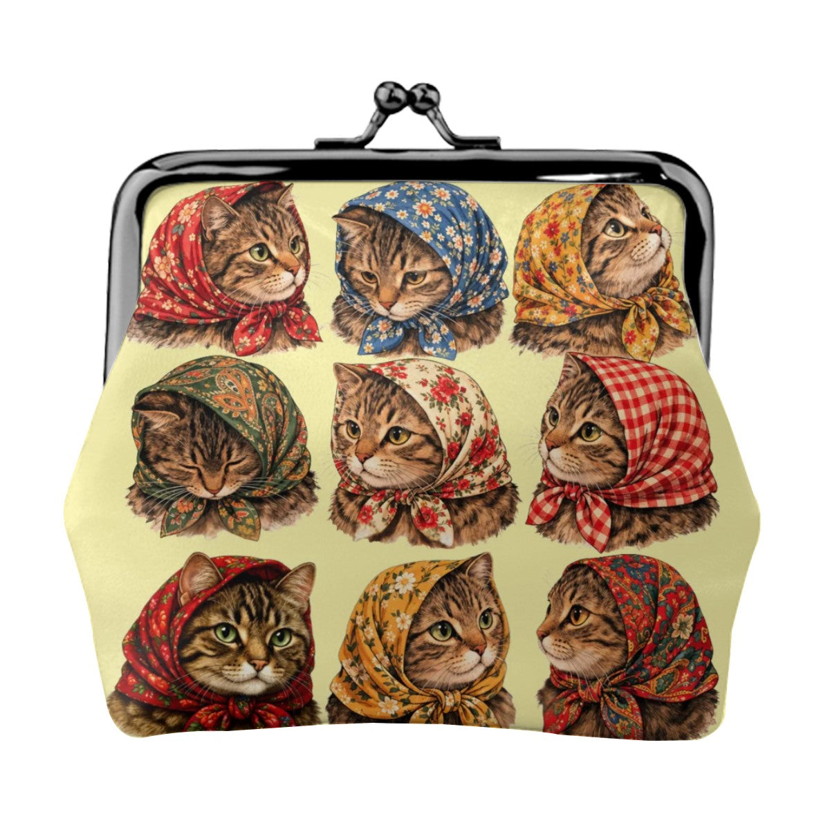 Babushka Cat Heads Women's Leather Kiss Lock Coin Purse